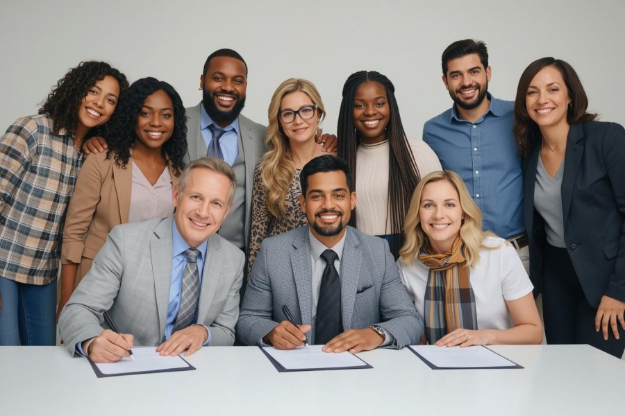 Familia celebrando assinatura de documentos. familia de 10 pessoas
